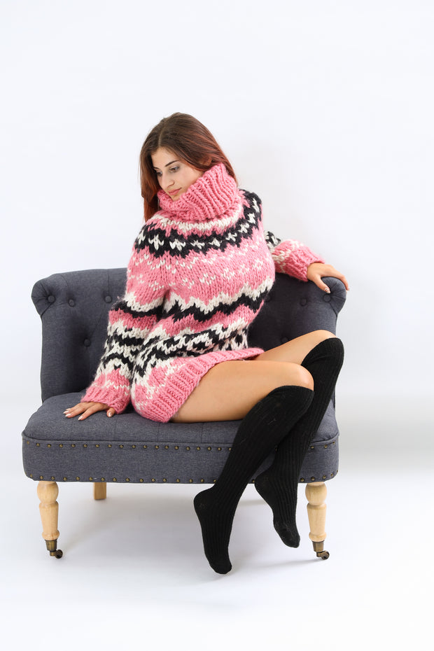 Handmade Pink Nordic Rure  Wool Sweater