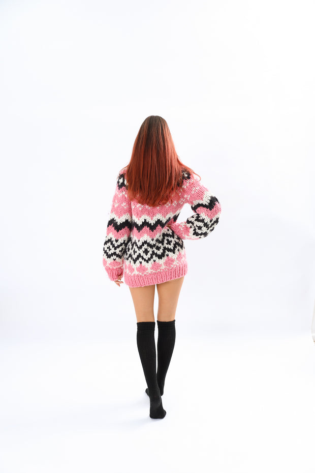 Handmade Pink Nordic Rure  Wool Sweater