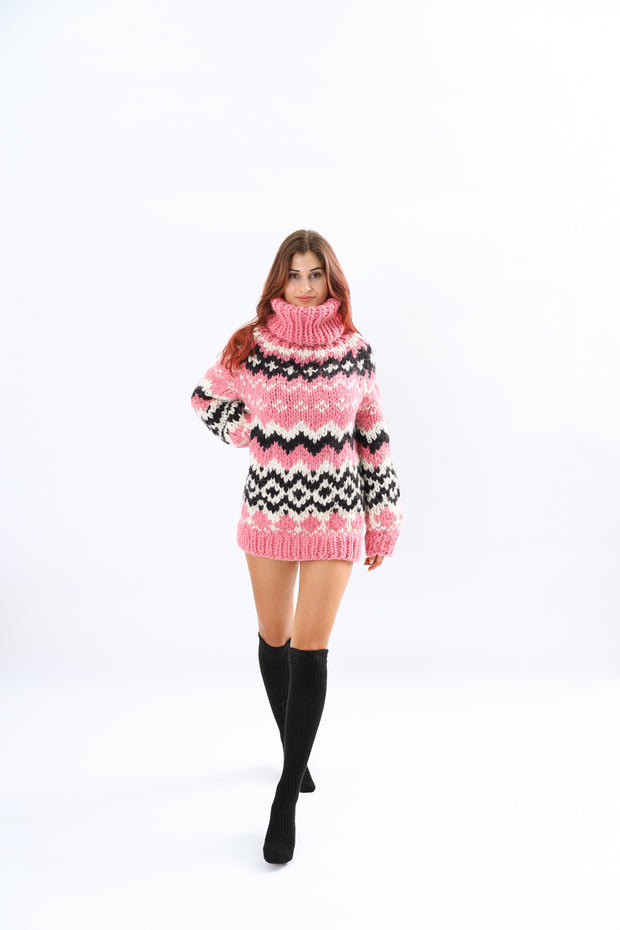 Handmade Pink Nordic Rure  Wool Sweater