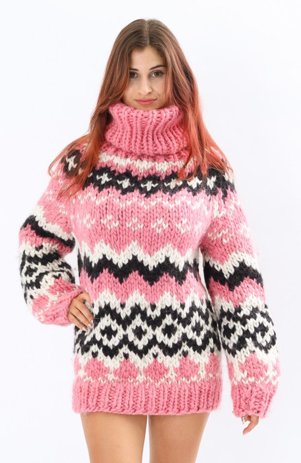 Handmade Pink Nordic Rure  Wool Sweater