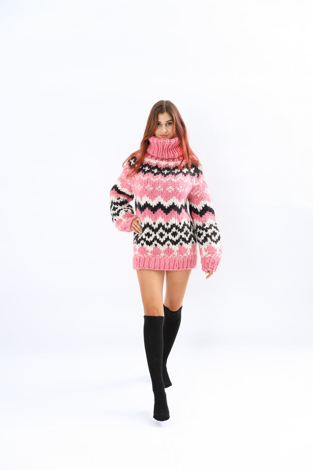Handmade Pink Nordic Rure  Wool Sweater
