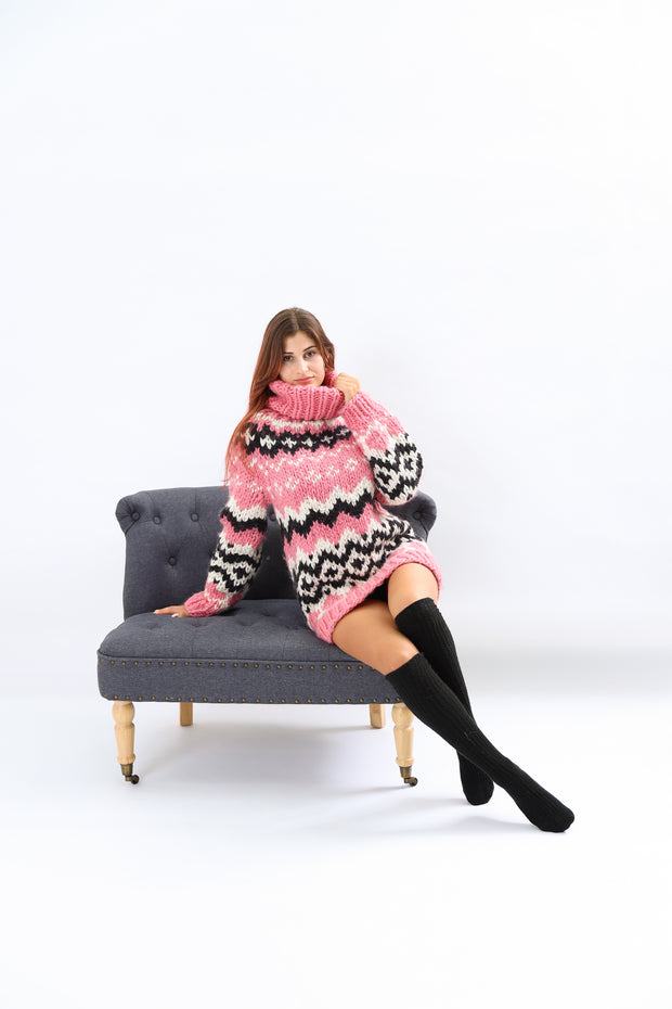 Handmade Pink Nordic Rure  Wool Sweater