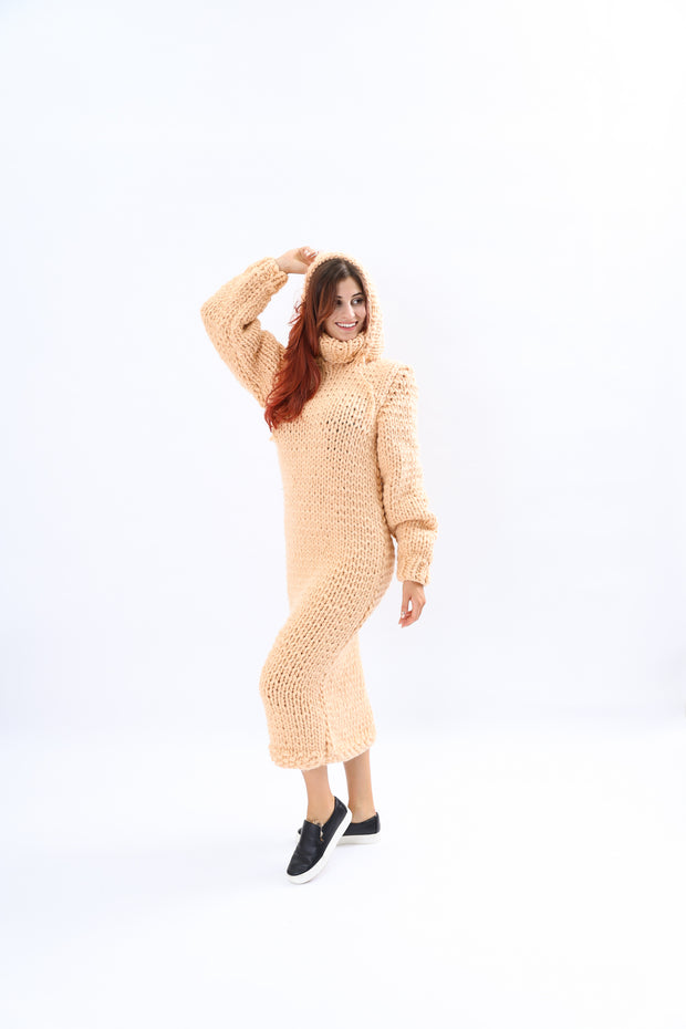 Chunky Wool  Sweater Dress with Hoodie and Turtleneck
