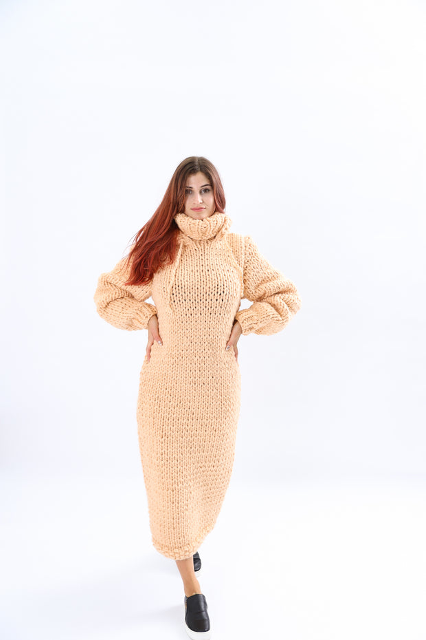 Chunky Wool  Sweater Dress with Hoodie and Turtleneck