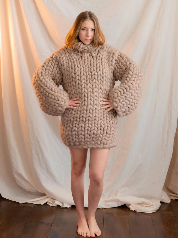 2XL Ready Merino Beige Chunky Handmade Wool Sweater