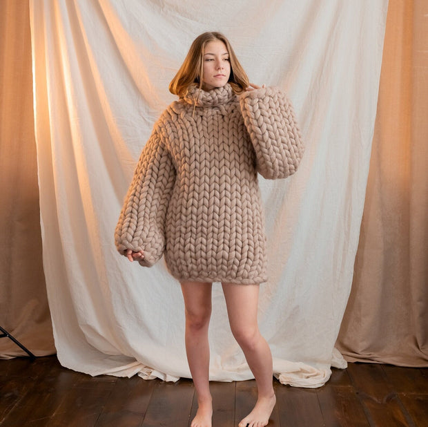 2XL Ready Merino Beige Chunky Handmade Wool Sweater