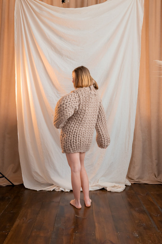 2XL Ready Merino Beige Chunky Handmade Wool Sweater
