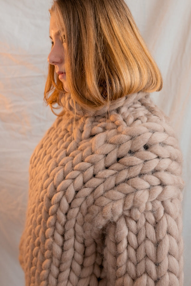2XL Ready Merino Beige Chunky Handmade Wool Sweater
