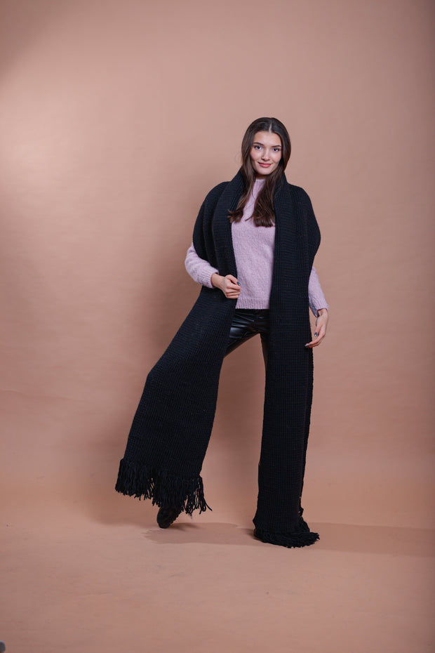 Ready to ship Black Long Wool Knit Scarf, Wide Wool Scarf