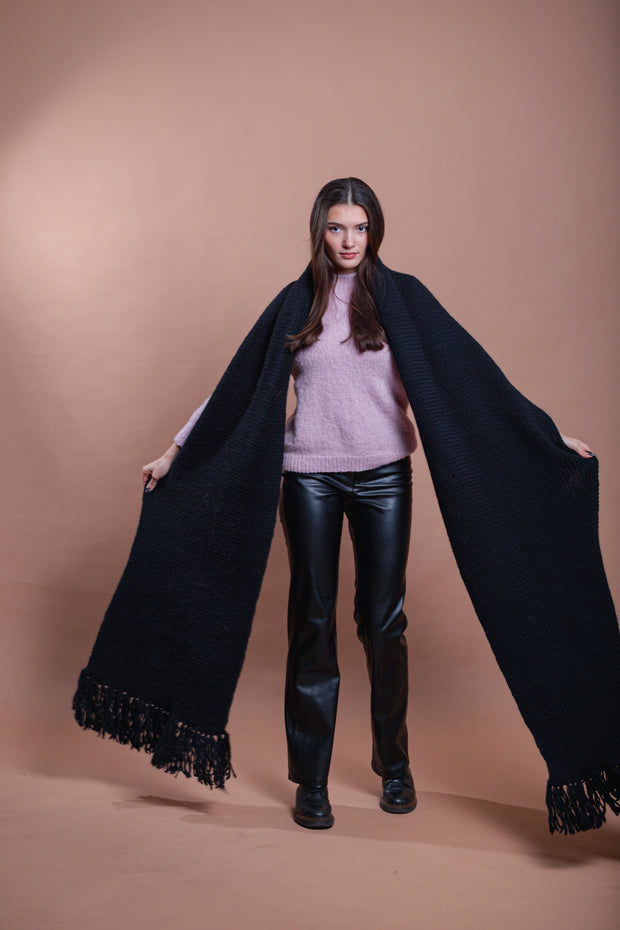 Ready to ship Black Long Wool Knit Scarf, Wide Wool Scarf