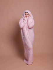 Luxurious  Oversized Pink Fluffy Mohair Hoodie Maxi Dress
