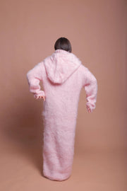 Luxurious  Oversized Pink Fluffy Mohair Hoodie Maxi Dress
