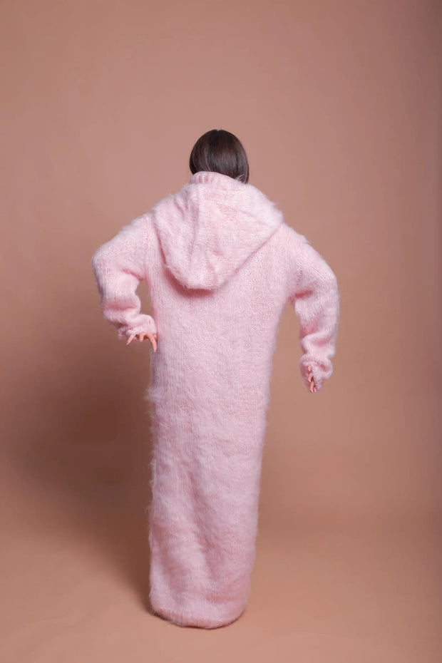 Luxurious  Oversized Pink Fluffy Mohair Hoodie Maxi Dress