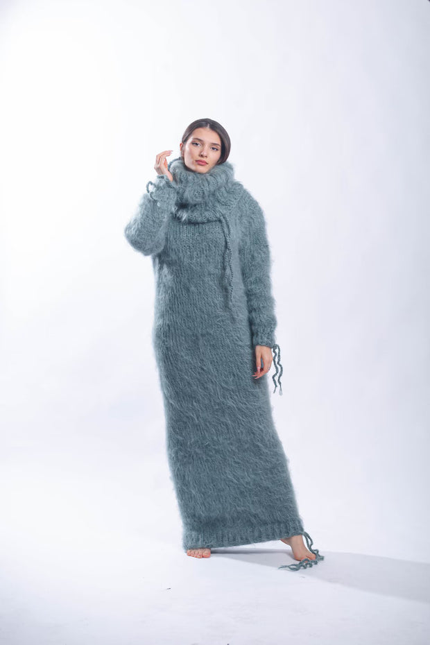 Fluffy Turtleneck Mohair Sweater Dress with Strings