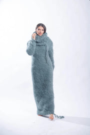 Fluffy Turtleneck Mohair Sweater Dress with Strings