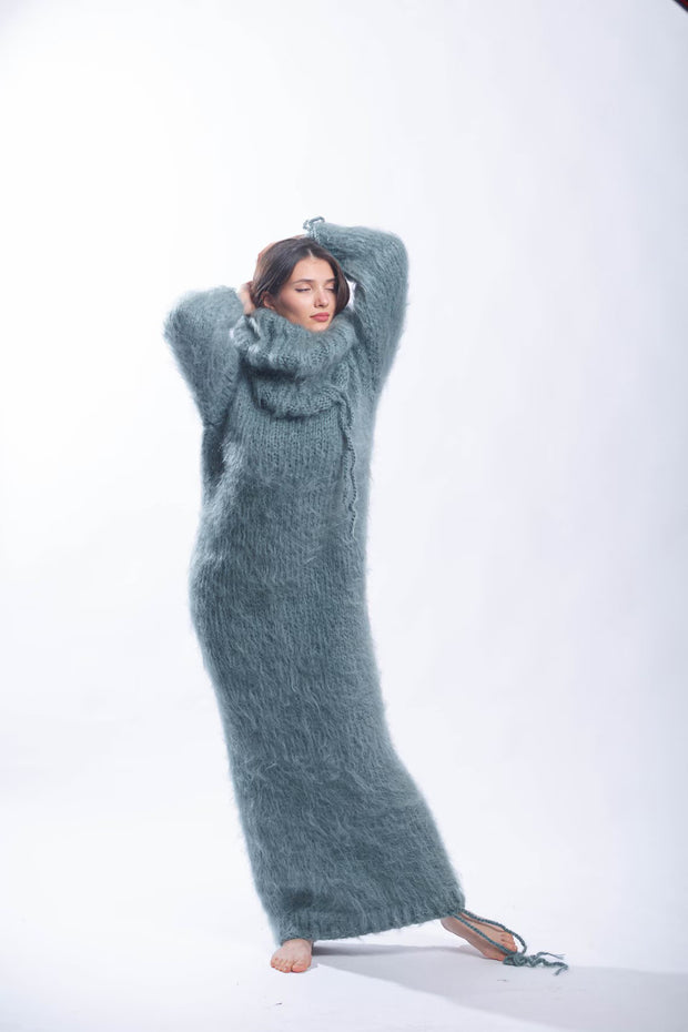 Fluffy Turtleneck Mohair Sweater Dress with Strings