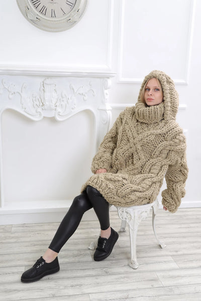 Oversized Cable Knit Wool Hooded Sweater