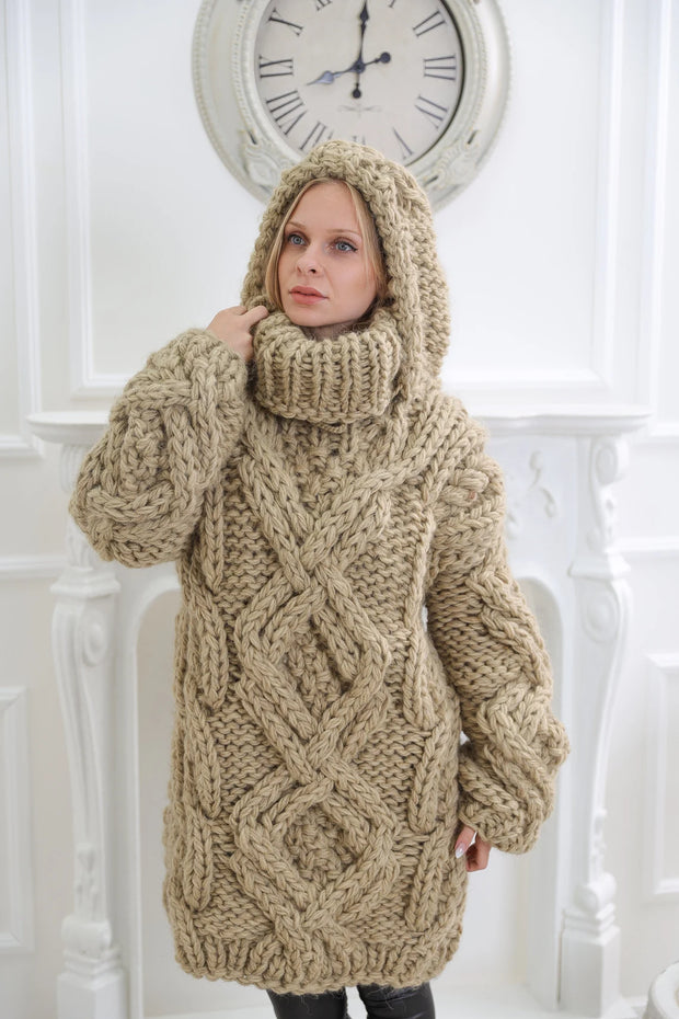 Oversized Cable Knit Wool Hooded Sweater