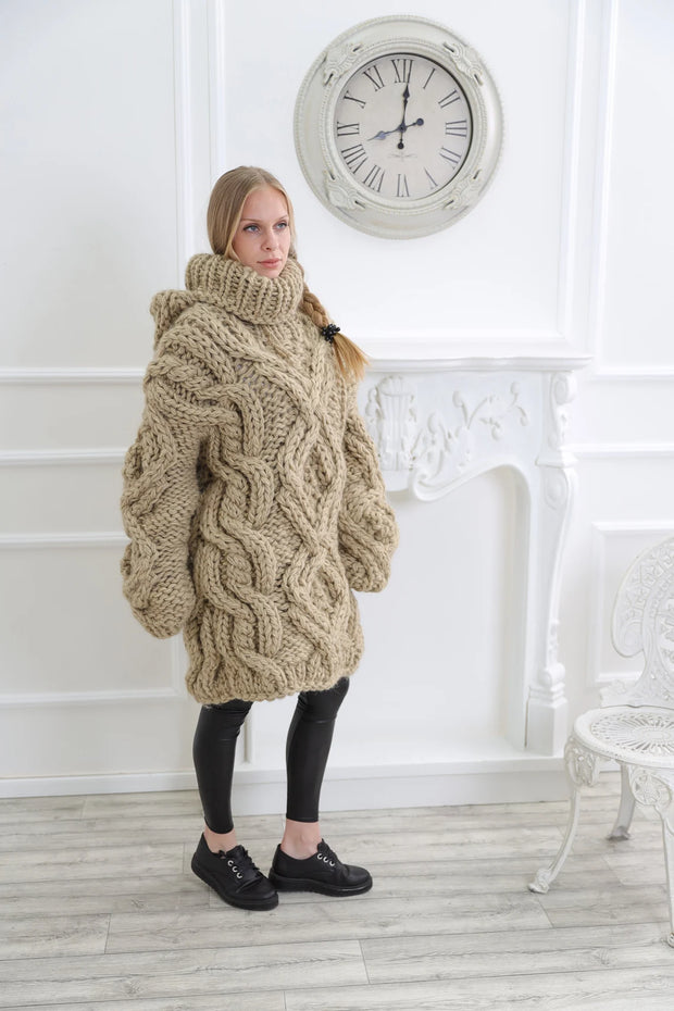 Oversized Cable Knit Wool Hooded Sweater