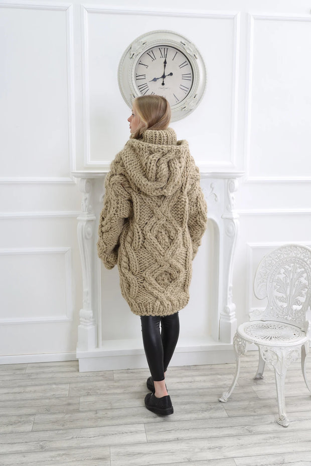 Oversized Cable Knit Wool Hooded Sweater