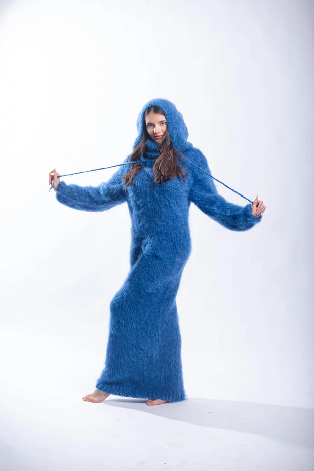 Fluffy Mohair Hoodie Dress with Strings