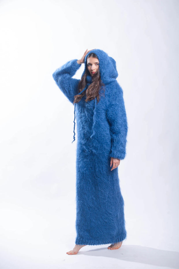 Fluffy Mohair Hoodie Dress with Strings