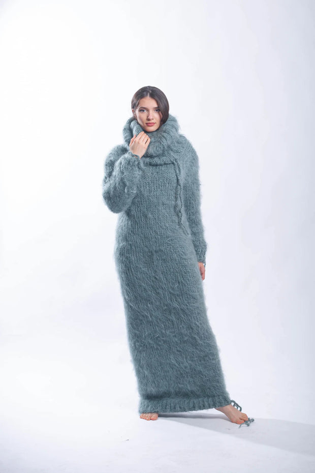 Fluffy Turtleneck Mohair Sweater Dress with Strings