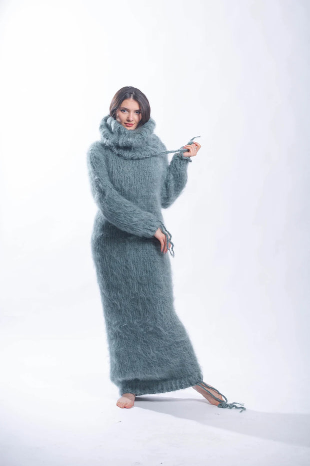 Fluffy Turtleneck Mohair Sweater Dress with Strings