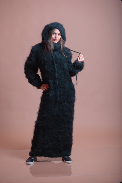 Black Fluffy Mohair Hoodie Turtleneck Dress