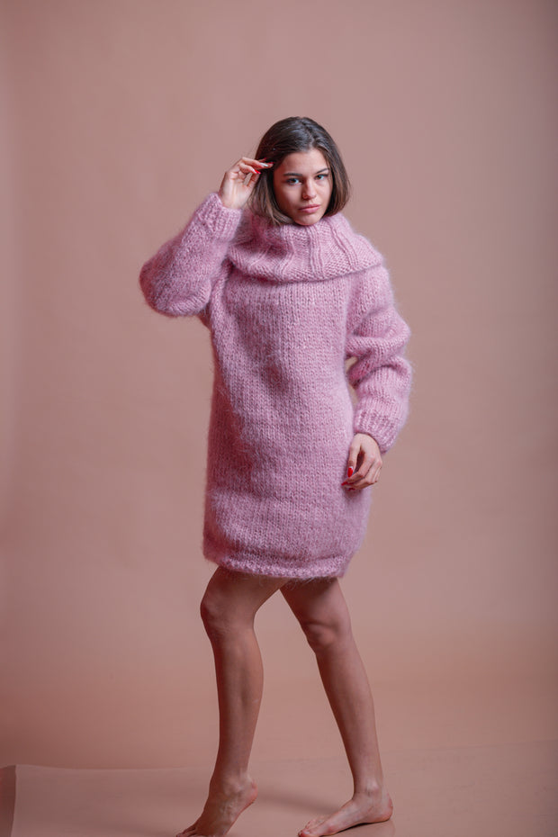 pink mohair sweater dress Hand Knitted Mohair Dress PINK Fuzzy Fetish Jersey Massive Long Turtleneck Sweater by EXTRAVAGANTZA